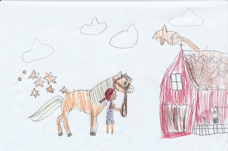 Das ist ein Pferd und ein Mädchen mit einem Bauernhof